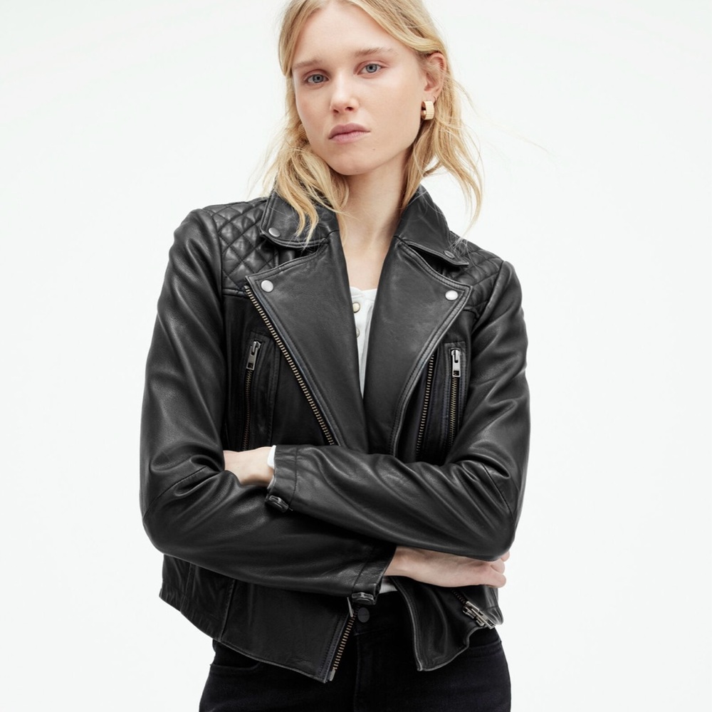 All Saints Cargo Distressed Leather Biker Jacket Size: 2/ Color Black/ Grey